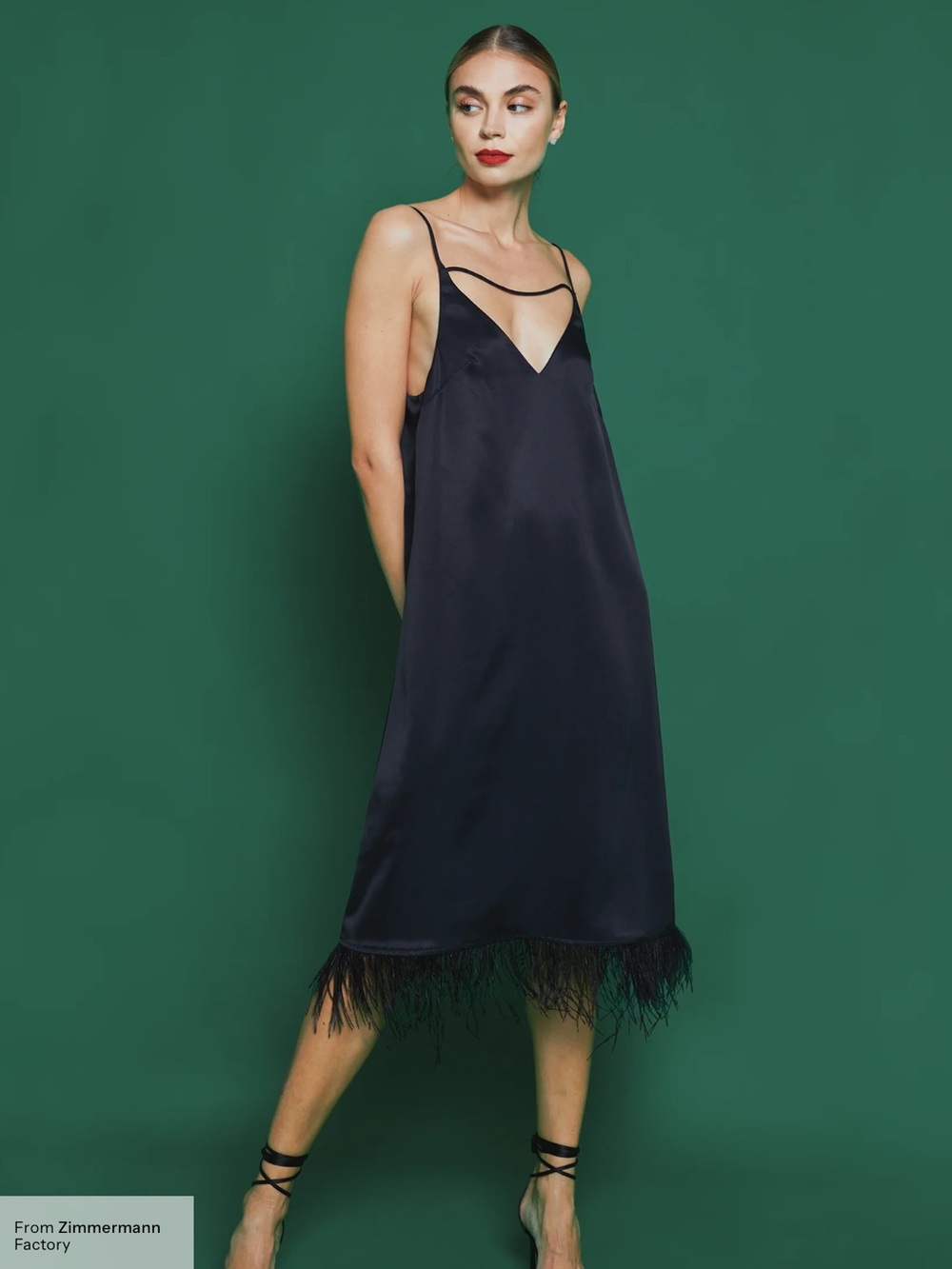 o.p.t. Few Moda Black Size M Kailah Satin Feather Trim Slip Midi Dress